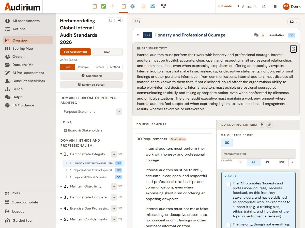 Scoring one requirement: the standard text, the DO requirements and the GC/PC/DNC judgement with the criteria behind it.