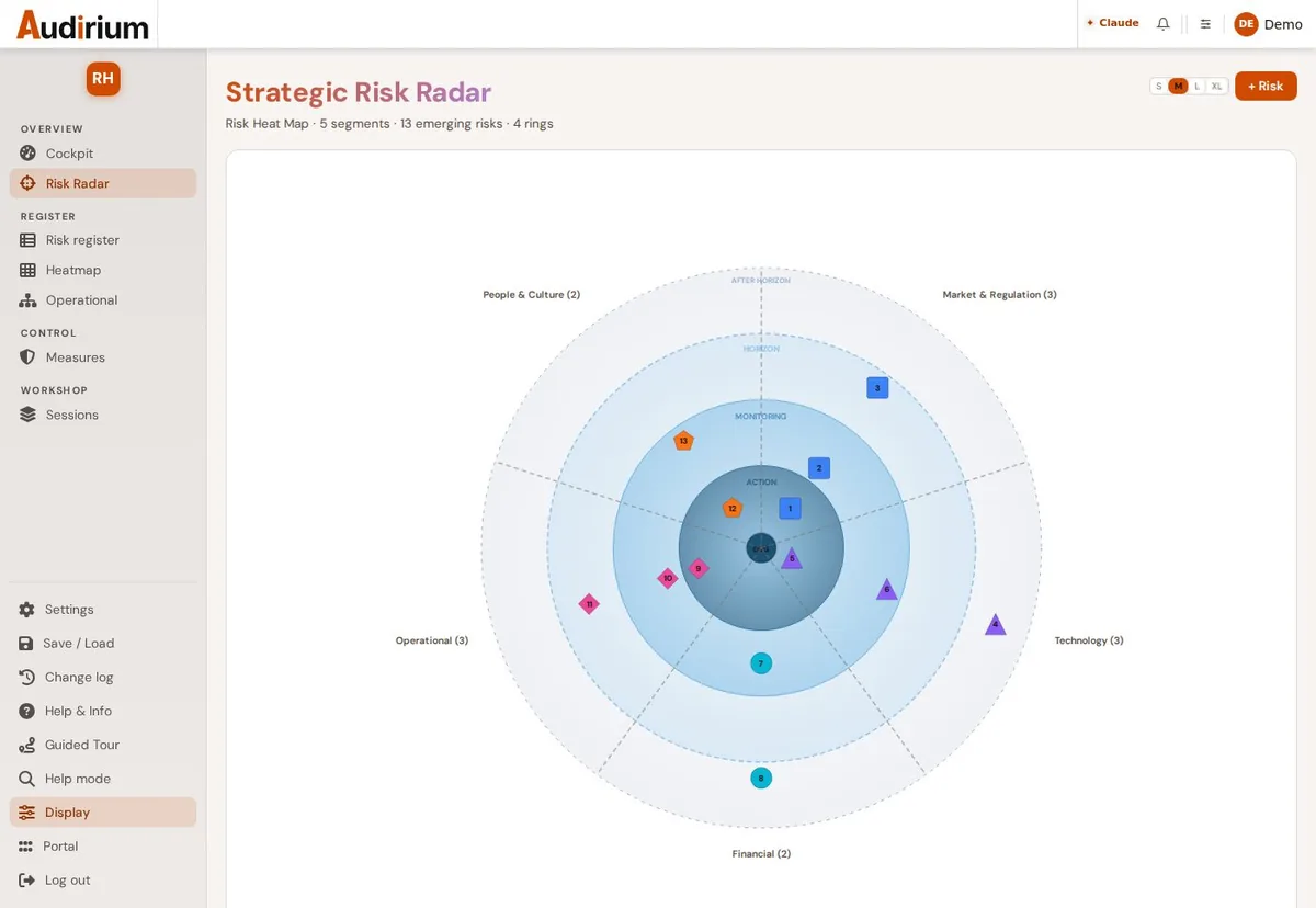 The strategic risk radar with five segments and four horizon rings, thirteen emerging risks plotted on them.