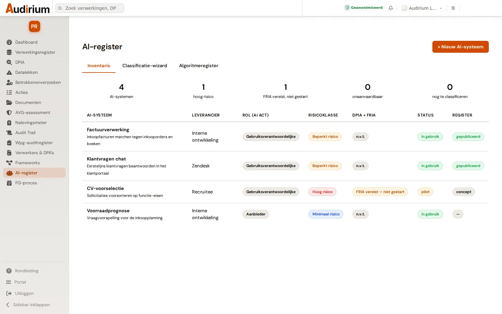The AI system register showing the systems flagged as agents