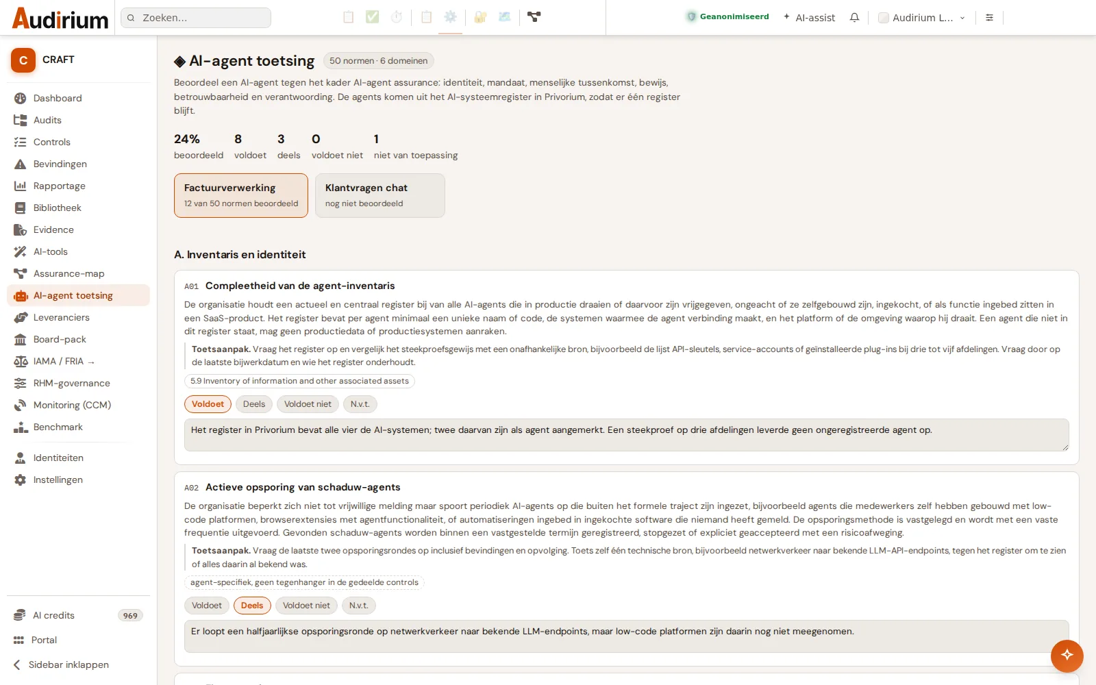Testing an AI agent against the 50 requirements, with a judgement and test approach per requirement