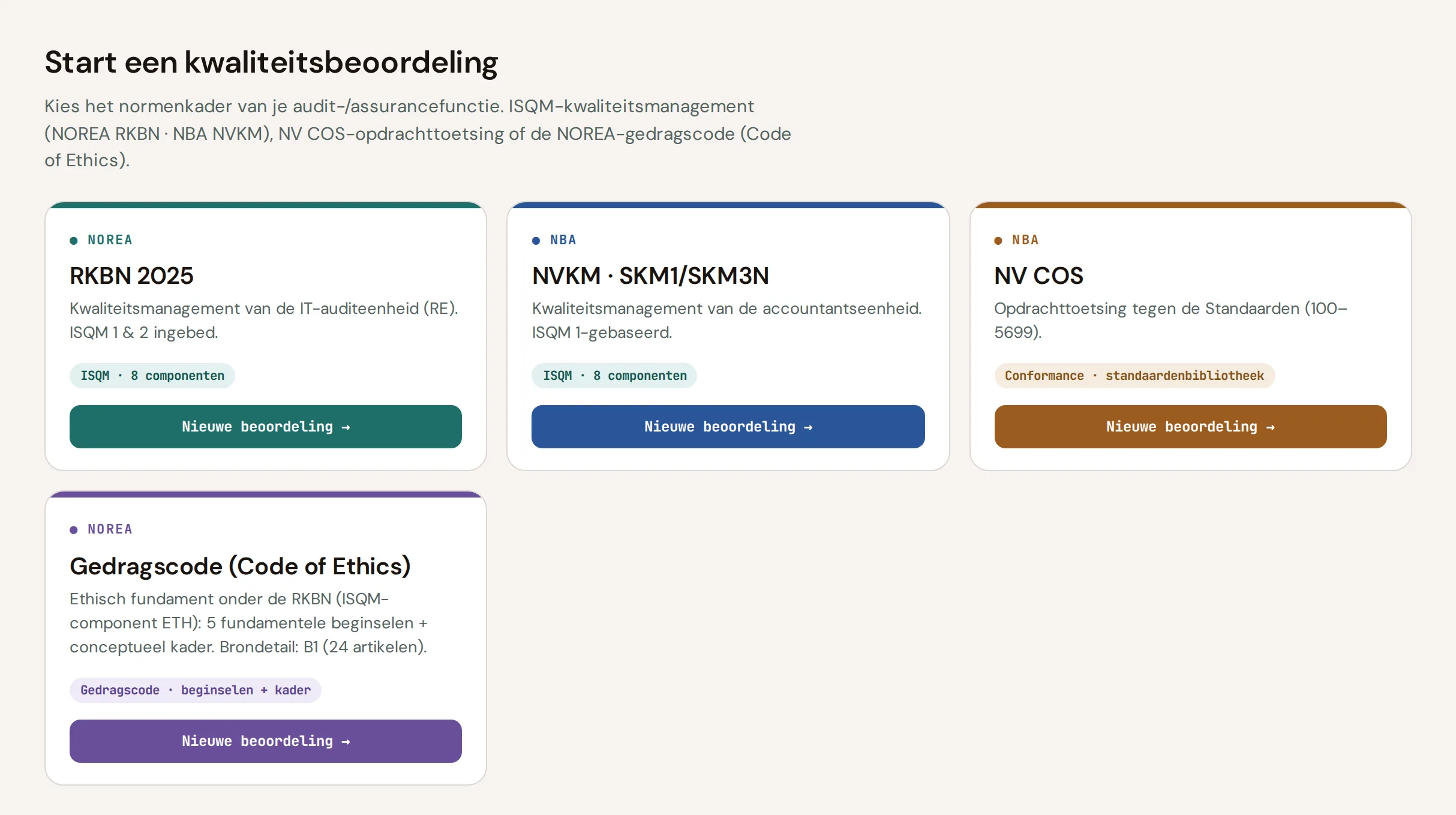 Framework selector: NBA-NVKM, NV COS, VGBA and ViO