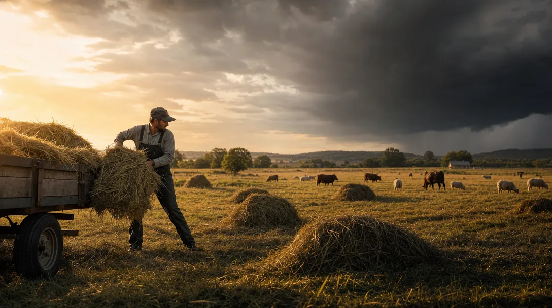A farmer brings in the hay before the rain arrives and deliberately leaves the rest of the field standing