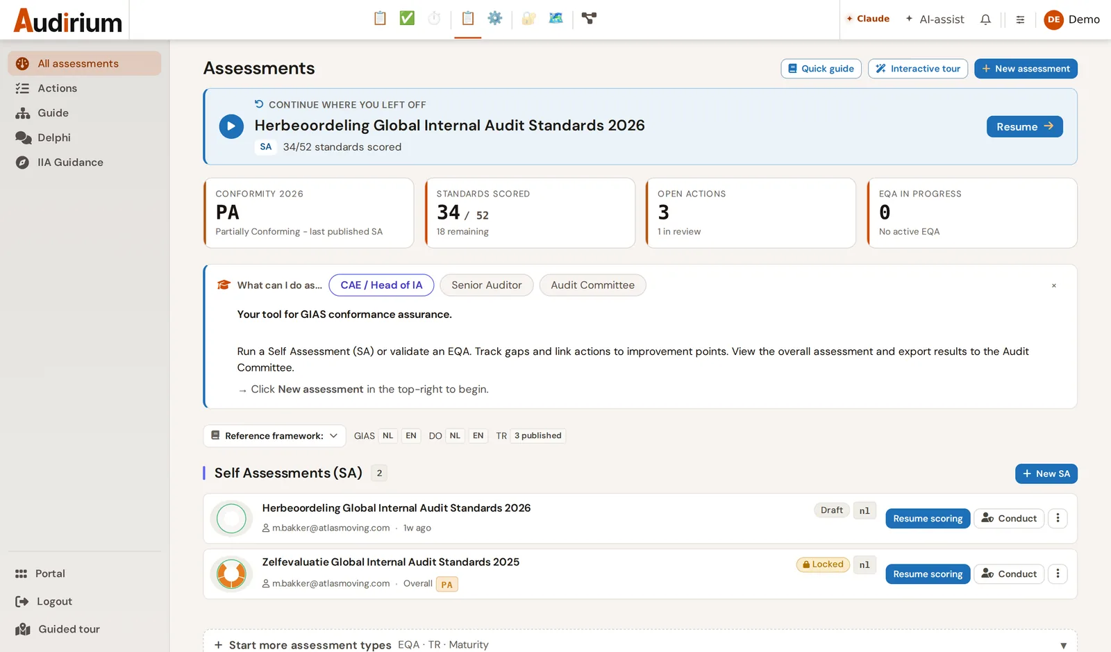 AQUA dashboard with overview of SA, EQA and TR
