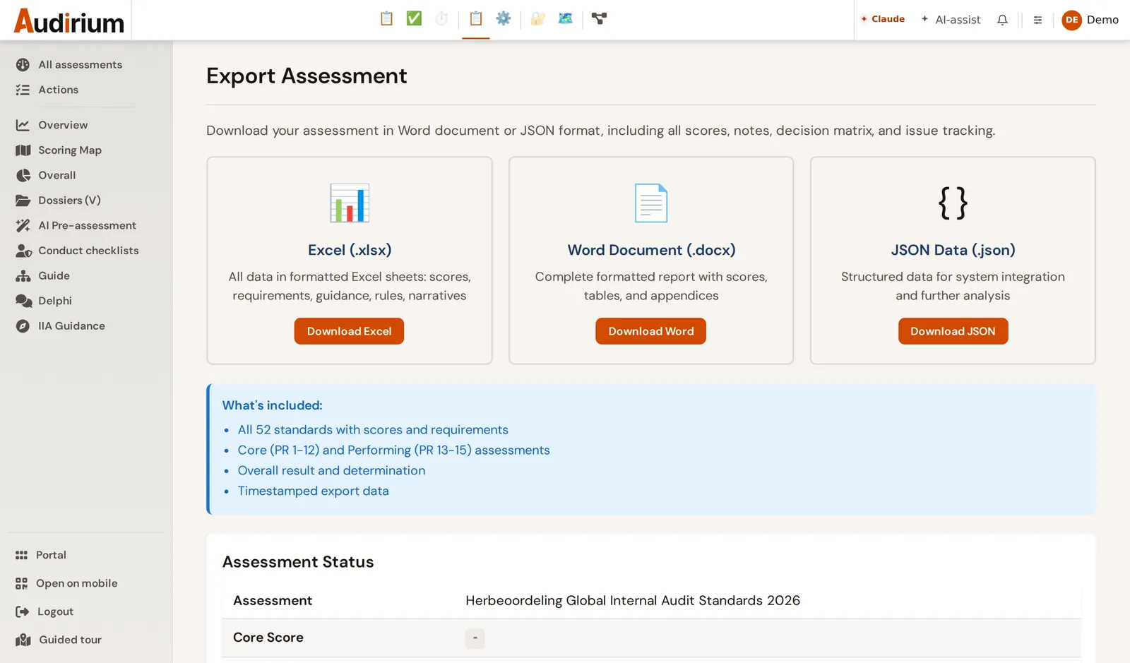 Export screen: the assessment as Excel, Word or JSON, with all scores, notes and the decision matrix