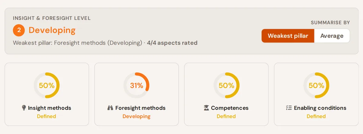 Insight & Foresight scan: derived level and gauges for insight methods, foresight methods, competences and enabling conditions